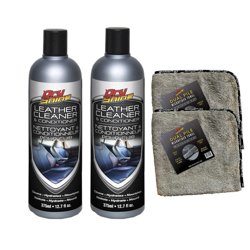 2 Pack Leather Cleaner and Conditioner + 2 Dual Pile Microfiber Towels - Dry Shine USA